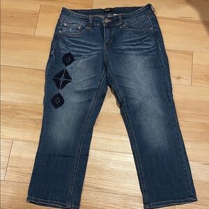 Cropped Distressed Blue Jeans with Embroidered Detail